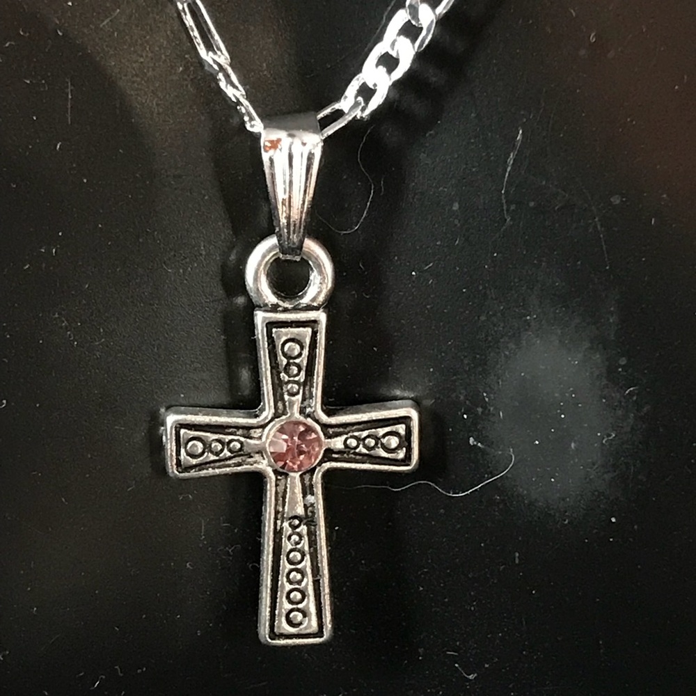 Tibetan Silver Celtic Cross Pink CZ Necklace B1-37